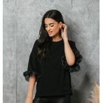 FW24-Σετ Γυναικείο (2 τεμαχίων) Κολάν Σαμπρέλα Μαύρη & Μπλούζα Boxy Μανίκι Μουσελίνα Λεπτομέρεια