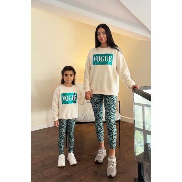 FW21-set (4 τεμαχίων) Γυναικείο & Παιδικό Κολάν Πετρόλ Leopard & Φούτερ VOGUE Metallic