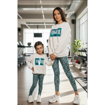 FW21-set (4 τεμαχίων) Γυναικείο & Παιδικό Κολάν Πετρόλ Leopard & Φούτερ VOGUE Metallic