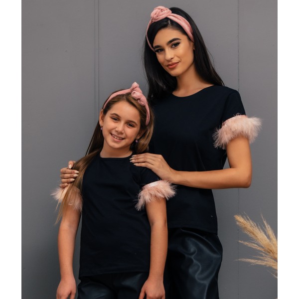 FW23-set (2 τεμαχίων) Μπλούζες  Κοντομάνικες Γυναικεία & Παιδική με Μανίκι Ροζ Φτερό