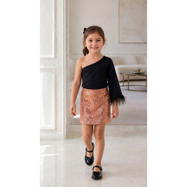 FW25-set (2 τεμαχίων)  Παιδική Φούστα Μίνι Παγέτα Σομόν & Τοπ 1 Ώμο-1 Μανίκι Καμπάνα Φτερό