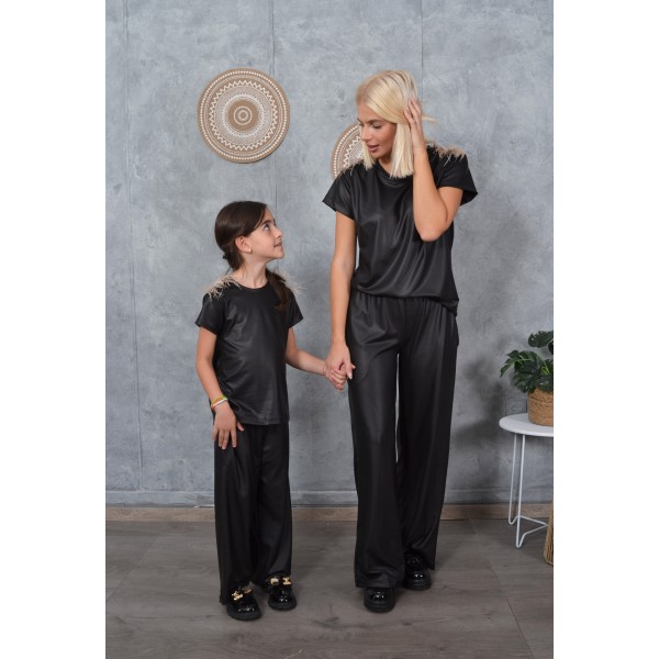 FW25-set (4 τεμαχίων) Γυναικείο & Παιδικό Παντελόνι & Μπλούζα Δερματίνη-Σαμπρέλα Πούπουλο