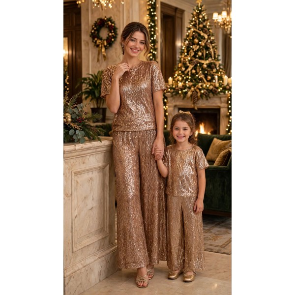 FW25-set (4 τεμαχίων) Γυναικείο & Παιδικό Παντελόνι & Μπλούζα Παγέτα Σομόν