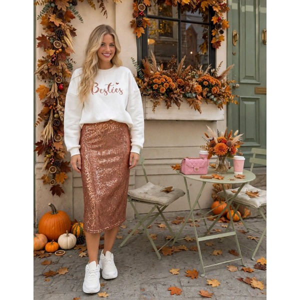 FW25-set (2 τεμαχίων) Γυναικεία  Φούστα Παγέτα Σομόν & Φούτερ Besties Γκλίτερ