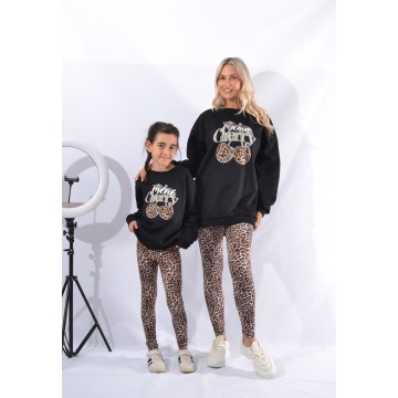 FW26-set (4 τεμαχίων) Γυναικείο & Παιδικό Κολάν  Classic Leopard & Φούτερ Cherry Mama-Mini