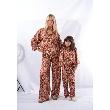 FW26-set (4 τεμαχίων) Γυναικείο & Παιδικό Σατέν Παντελόνα και Πουκάμισο Print tiger
