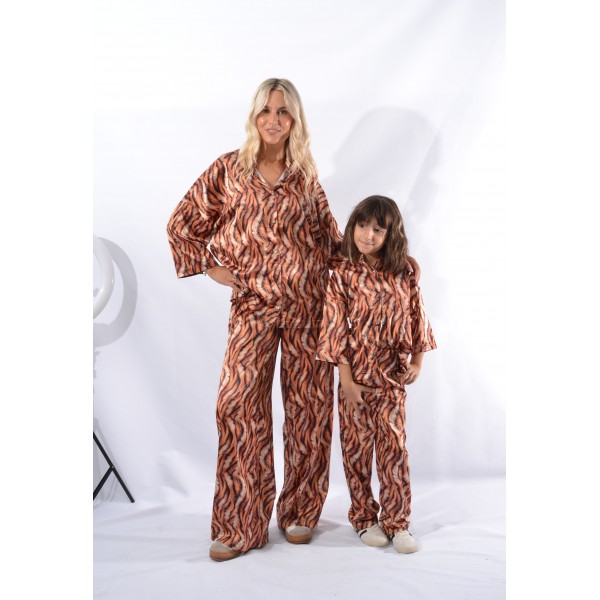 FW26-set (4 τεμαχίων) Γυναικείο & Παιδικό Σατέν Παντελόνα και Πουκάμισο Print tiger