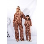 FW26-set (2 τεμαχίων)  Γυναικείο Σατέν Παντελόνα και Πουκάμισο Print Tiger