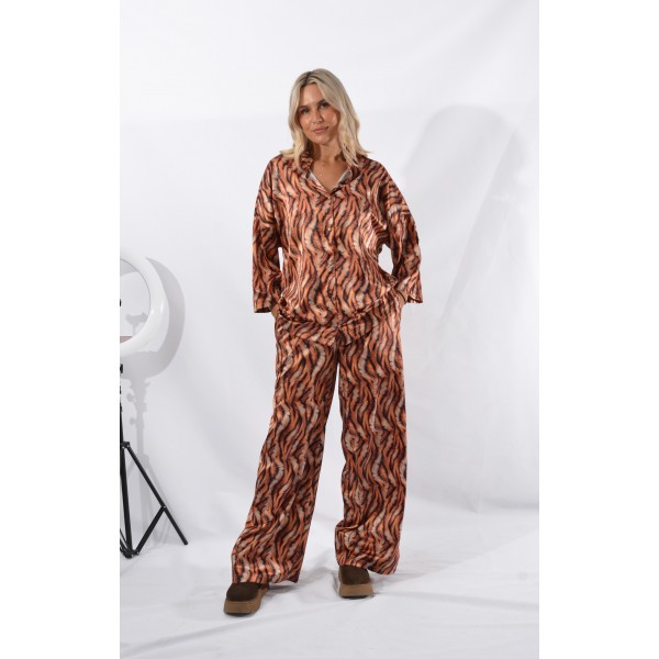 FW26-set (2 τεμαχίων)  Γυναικείο Σατέν Παντελόνα και Πουκάμισο Print Tiger
