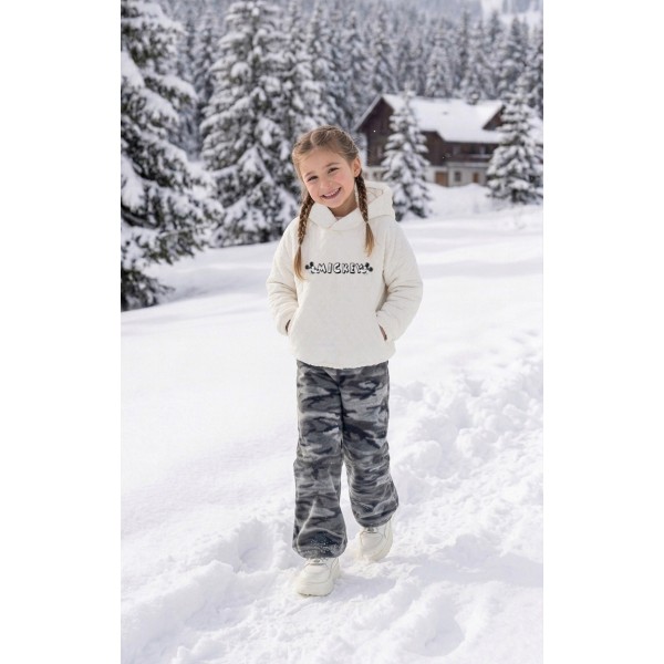 FW27-set (2 τεμαχίων)  Παιδικό Παντελόνι Φλις Army Ασπρόμαυρο & Μπλούζα Καπιτονέ Κουκούλα