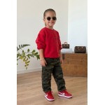 FW27-set (2 τεμαχίων)  Παιδικό Παντελόνι Φούτερ Army Χακί & Μπλούζα Φούτερ Κόκκινο