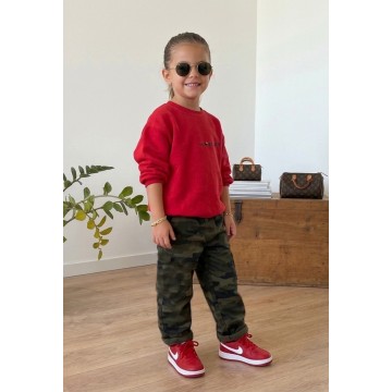 FW27-set (2 τεμαχίων)  Παιδικό Παντελόνι Φούτερ Army Χακί & Μπλούζα Φούτερ Κόκκινο