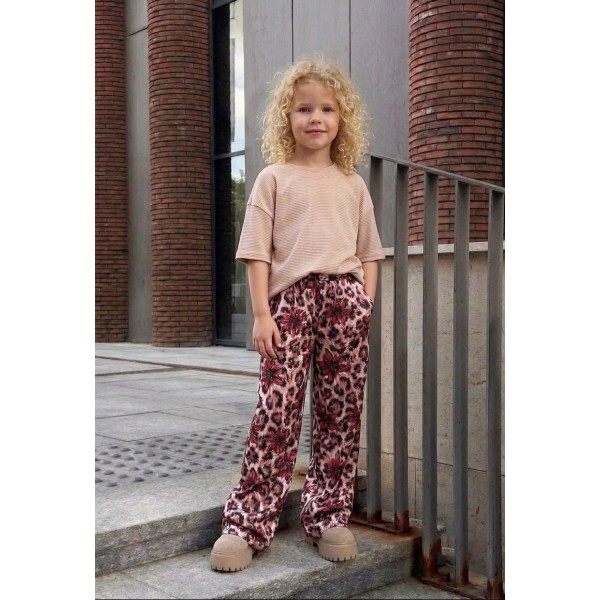FW27-set (2 τεμαχίων)  Παιδικό Παντελόνι Βελουτέ Print Pink Leopard Floral & Μπλούζα Boxy Ριπ
