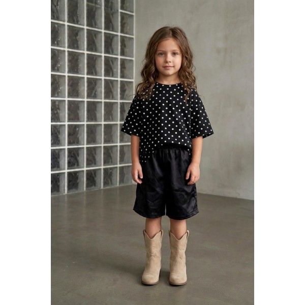 FW27-set (2 τεμαχίων)  Παιδικό Βερμούδα Δερματίνη & Μπλούζα Πουά