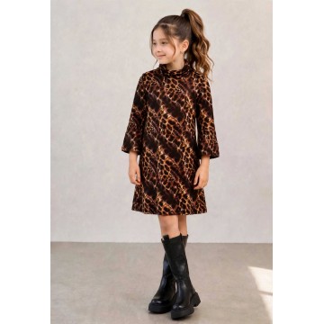 FW27 (1 τεμάχιο) Φόρεμα  Leopard Παιδικό με Μανίκι Καμπάνα 