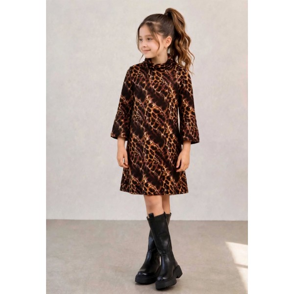 FW27 (1 τεμάχιο) Φόρεμα  Leopard Παιδικό με Μανίκι Καμπάνα 