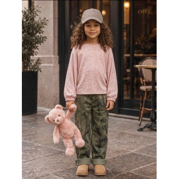 FW27-set (2 τεμαχίων)  Παιδικό Παντελόνι Φούτερ Army Χακί &  Μπλούζα Πλεκτή Νυχτερίδα
