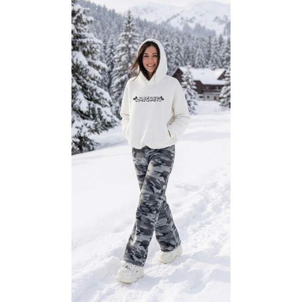 FW27-set (2 τεμαχίων) Γυναικείο Παντελόνι Φλις Army Ασπρόμαυρο & Μπλούζα Καπιτονέ Κουκούλα