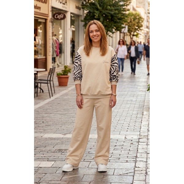FW27-set (2 τεμαχίων) Γυναικείο  Φόρμα Μπεζ Μανίκι Zebra