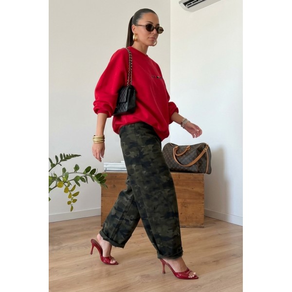 FW27-set (2 τεμαχίων) Γυναικείο  Παντελόνι Φούτερ Army Χακί & Μπλούζα Φούτερ Κόκκινο