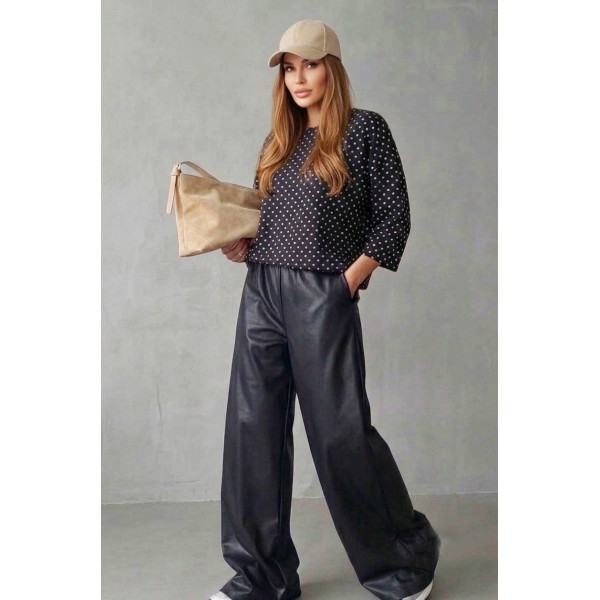 FW27-set (2 τεμαχίων) Γυναικείο  Παντελόνι Δερματίνη & Μπλούζα Πουά