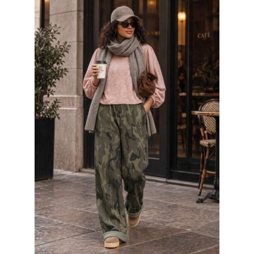 FW27-set (2 τεμαχίων) Γυναικείο  Παντελόνι Φούτερ Army Χακί & Μπλούζα Πλεκτή Νυχτερίδα