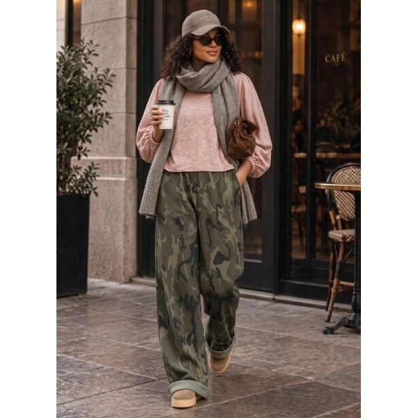 FW27-set (2 τεμαχίων) Γυναικείο  Παντελόνι Φούτερ Army Χακί & Μπλούζα Πλεκτή Νυχτερίδα