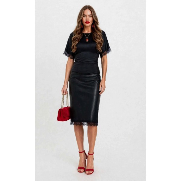 FW27-set (2 τεμ.) Γυναικεία Φούστα Pencil  Δερματίνη & Μπλούζα Ρεγιόν με Δαντέλα