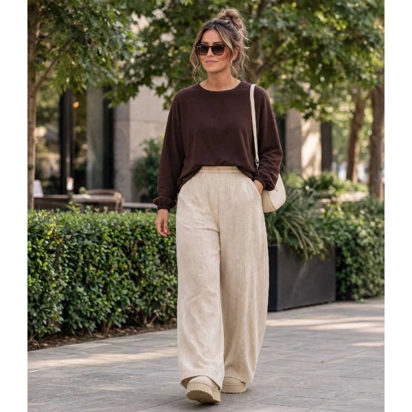 FW27-set (2 τεμαχίων) Γυναικείο  Παντελόνι Κοτλέ & Μπλούζα Πλεκτή Νυχτερίδα