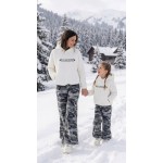 FW27-set (4 τεμ.) Γυναικείο & Παιδικό Παντελόνι Φλις Army Ασπρόμαυρο & Μπλούζα Καπιτονέ Κουκούλα