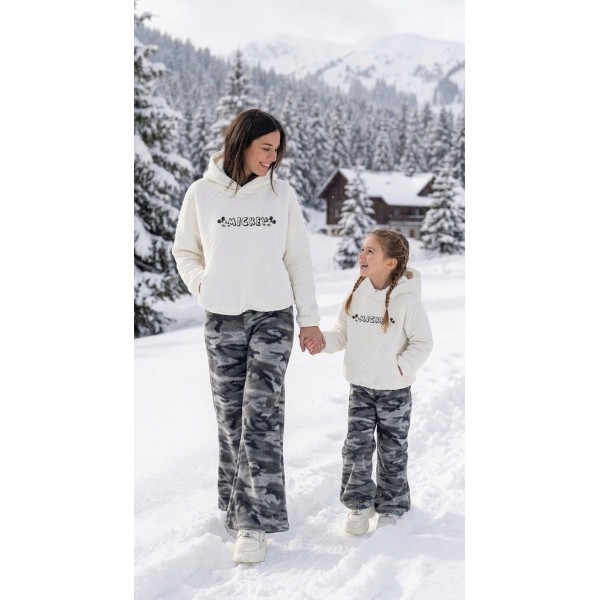 FW27-set (4 τεμ.) Γυναικείο & Παιδικό Παντελόνι Φλις Army Ασπρόμαυρο & Μπλούζα Καπιτονέ Κουκούλα