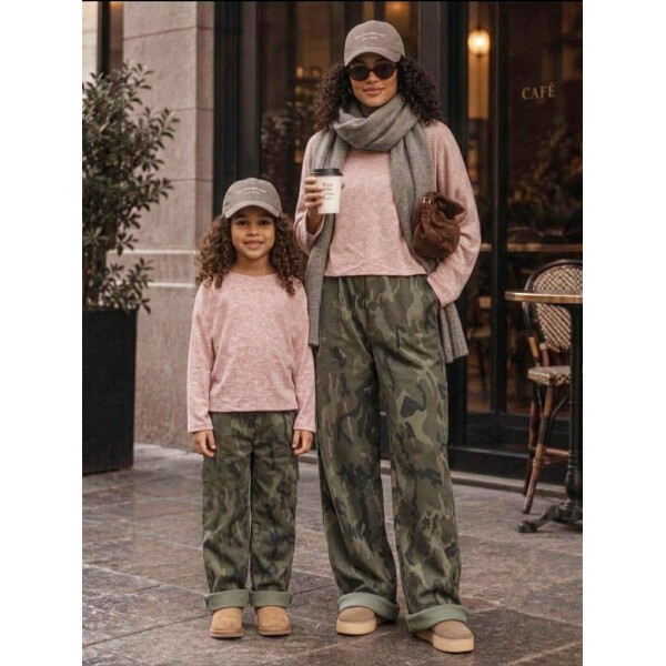 FW27-set (4 τεμαχίων) Γυναικείο & Παιδικό Παντελόνι Φούτερ Army Χακί & Μπλούζα Πλεκτή Νυχτερίδα