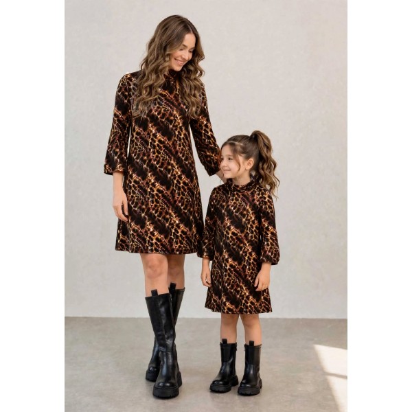 FW27-021-031-Σετ (2 τεμαχίων) Φορέματα Leopard Γυναικείο & Παιδικό με Μανίκι Καμπάνα 