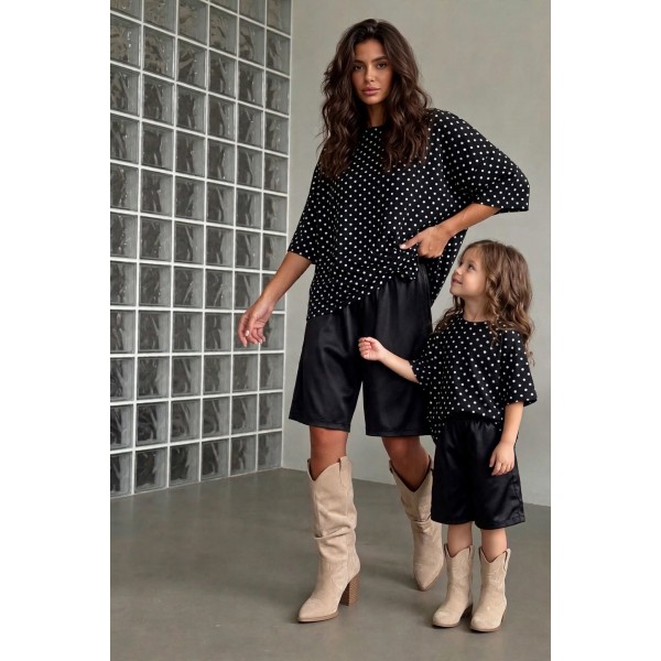 FW27-set (4 τεμαχίων) Γυναικείο & Παιδικό Βερμούδα Δερματίνη & Μπλούζα Πουά