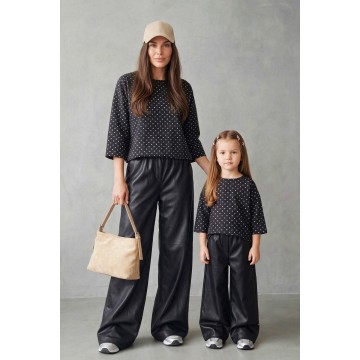 FW27-set (4 τεμαχίων) Γυναικείο & Παιδικό Παντελόνι Δερματίνη & Μπλούζα Πουά