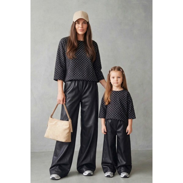 FW27-set (4 τεμαχίων) Γυναικείο & Παιδικό Παντελόνι Δερματίνη & Μπλούζα Πουά