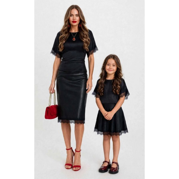 FW27-set (4 τεμ.) Γυναικεία Πένσιλ & Παιδική Κλως Φούστα Δερματίνη & Μπλούζα Ρεγιόν με Δαντέλα