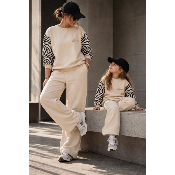 FW27-set (4 τεμαχίων) Γυναικείο & Παιδικό Φόρμα  Μπεζ Μανίκι Zebra 