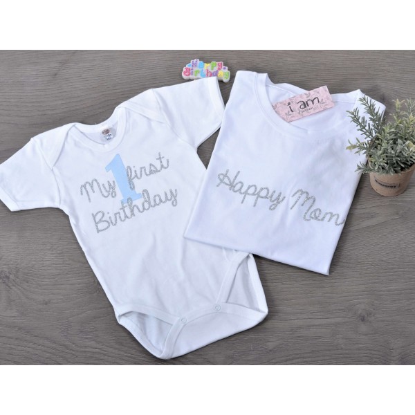 Μπλούζες (σετ 2 τεμαχίων) My First Birthday-Happy MomSilver Glitter & Σατέν Νούμερο για ΑΓΟΡΙ