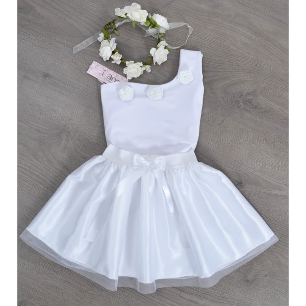 Σετ Γάμου Παιδικό, Παρανυφάκι (2τεμ.) Τοπ με 1 Ώμο Λευκό & Φούστα Τουτού  Λευκή με Φιόγκο