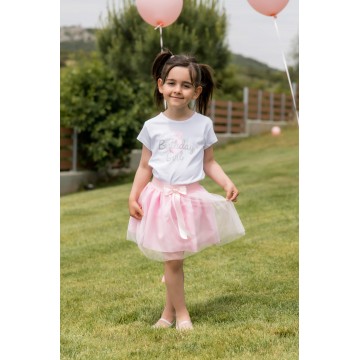 Σετ Γενεθλίων (2τεμ.) Μπλούζα για γενέθλια Birthday Girl Silver Glitter με Νούμερο & Ροζ Φούστα Τουτου  με Φιόγκο