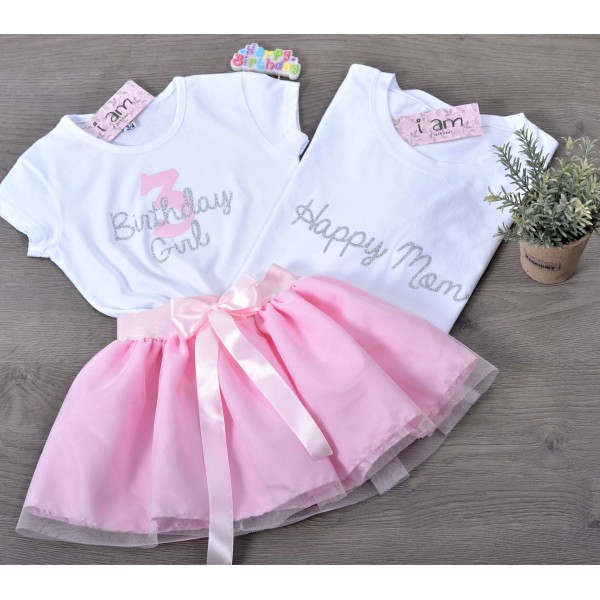 Μπλούζες (σετ 3 τεμαχίων) Happy Mom-Bith Girl Silver Glitter με Νούμερο Σατέν & τουτού ροζ παιδική