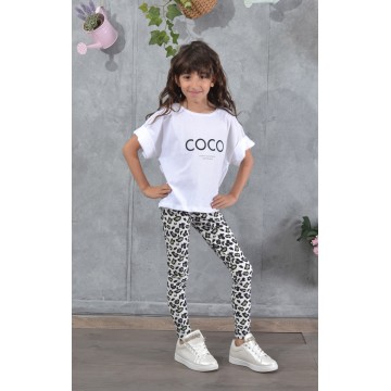 SS25-set (2 τεμαχίων) Παιδικό Κολάν Green-White Leopard & μπλούζα Coco Paris