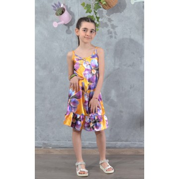 Φόρεμα Παιδικό  Σατέν Orange Floral με Βολάν