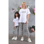 SS25-set (4 τεμαχίων) Γυναικείο & Παιδικό Κολάν Green-White Leopard & μπλούζες Boxy Coco Paris