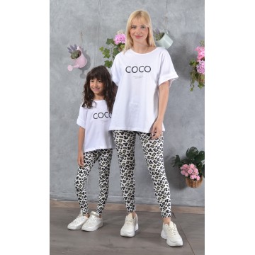 SS25-set (4 τεμαχίων) Γυναικείο & Παιδικό Κολάν Green-White Leopard & μπλούζες Boxy Coco Paris