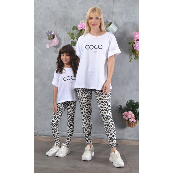 SS25-set (4 τεμαχίων) Γυναικείο & Παιδικό Κολάν Green-White Leopard & μπλούζες Boxy Coco Paris