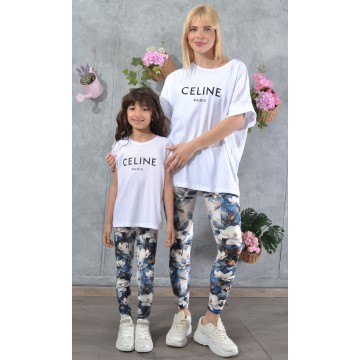 SS25-set (4 τεμαχίων) Γυναικείο & Παιδικό Κολάν Blue Floral & μπλούζες Celine