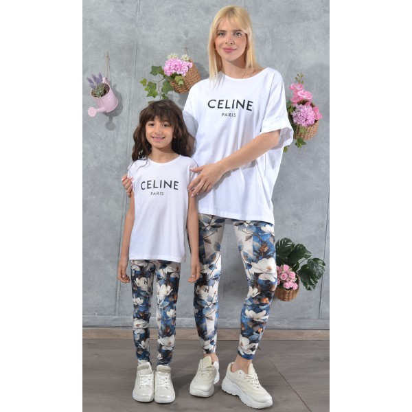 SS25-set (4 τεμαχίων) Γυναικείο & Παιδικό Κολάν Blue Floral & μπλούζες Celine