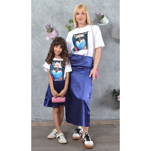 SS25-set  4 τεμαχίων Γυναικείο & Παιδικό Φούστα Σατέν Μπλε & Μπλούζες Llama Vogue